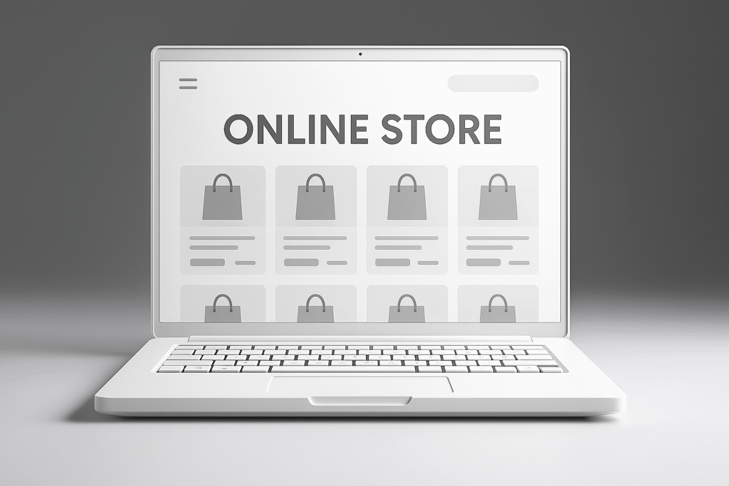 Modern laptop displaying an online store website layout with shopping icons and clean minimalist design.