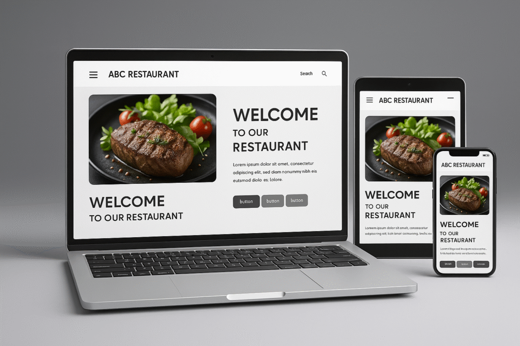 Laptop, tablet, and smartphone displaying ABC Restaurant website with responsive web design layout showcasing food images and restaurant details.