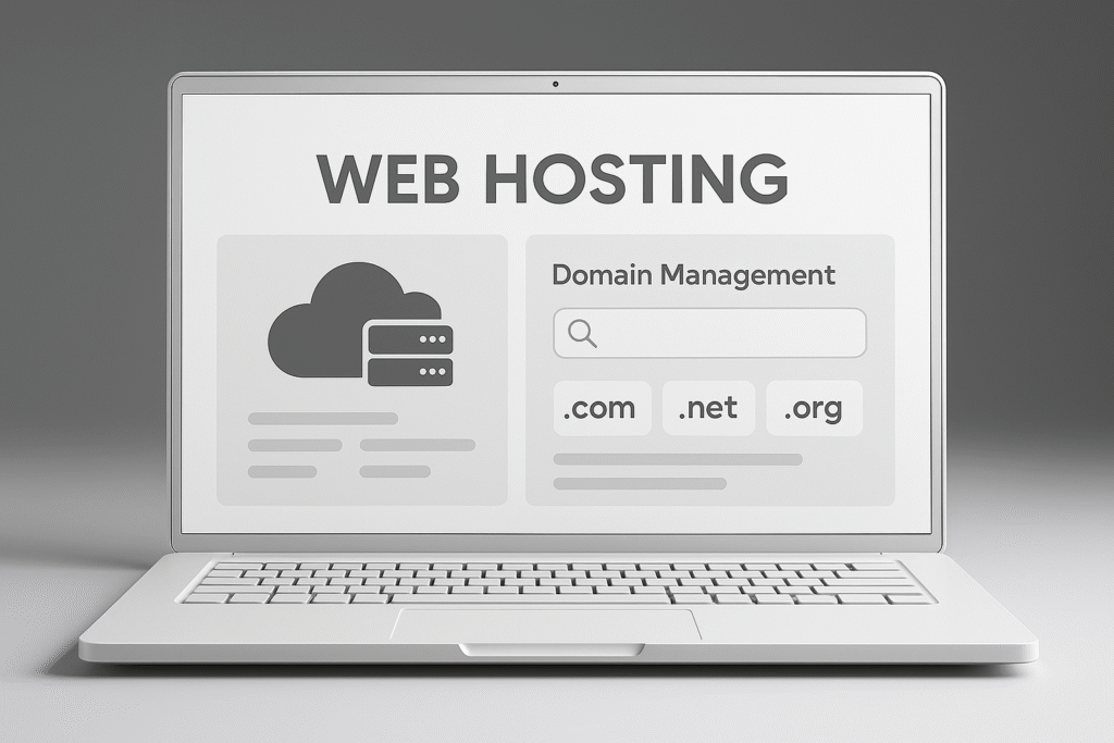 Laptop displaying ABC Web Hosting and Domain Management dashboard with cloud server icons and domain extensions like .com, .net, and .org.