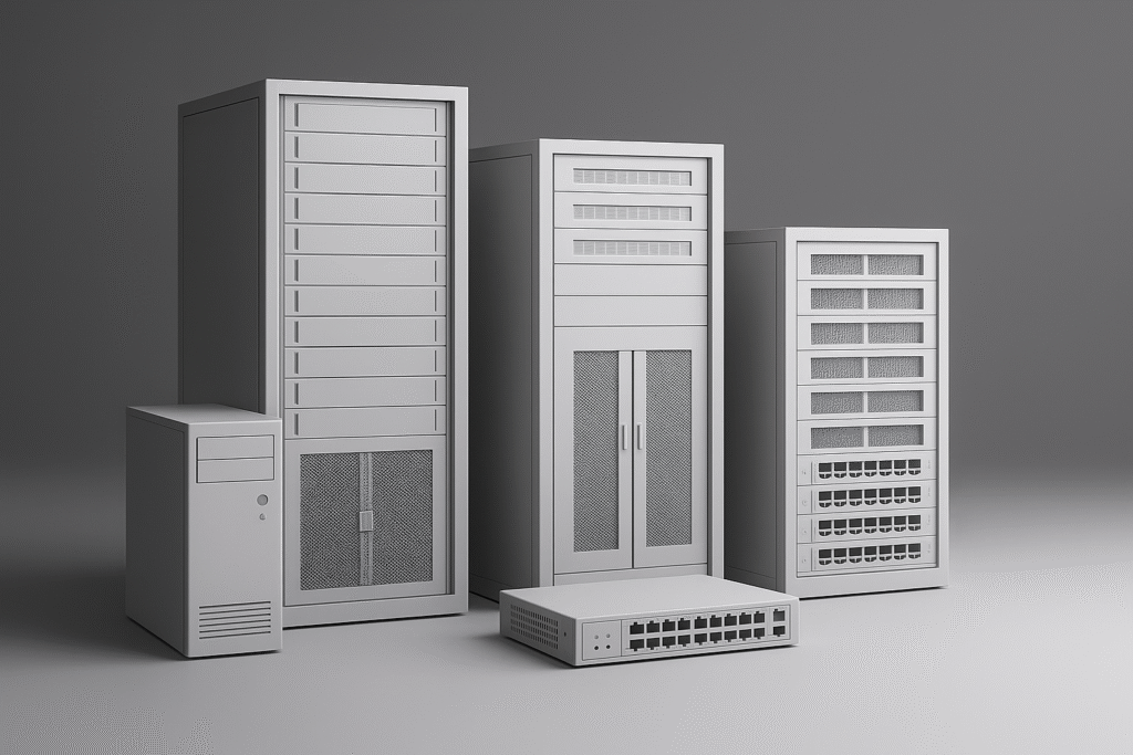 Modern IT infrastructure setup with server racks, computer tower, and network switch in a clean professional environment.