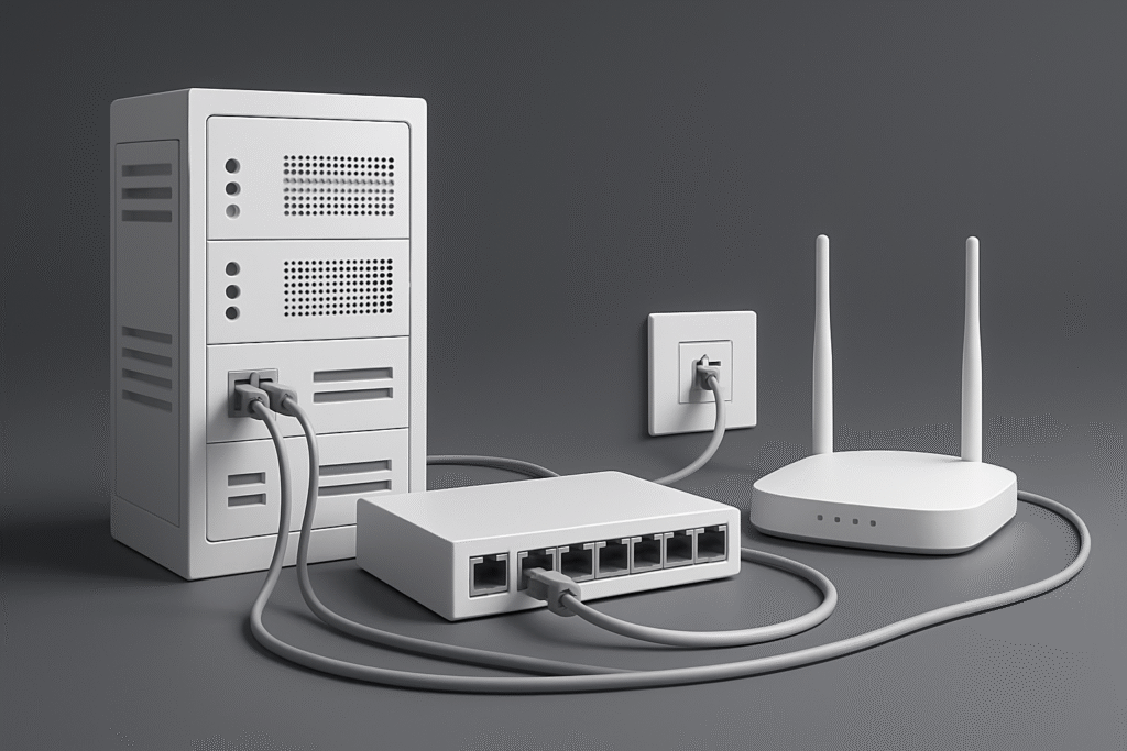 Modern network installation setup with connected router, switch, and server equipment in a professional environment.