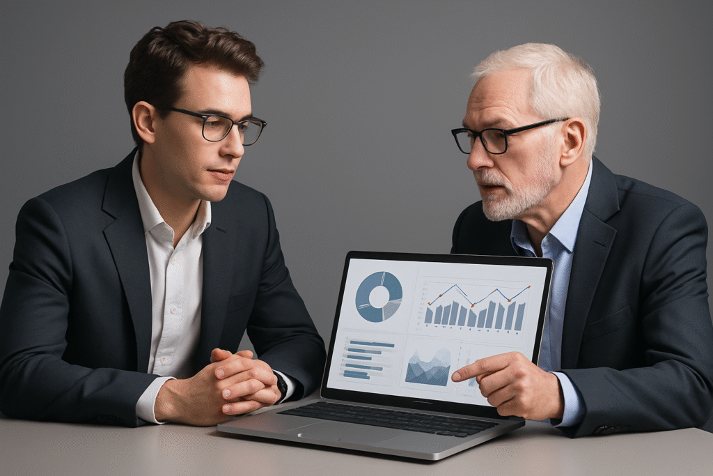 Two IT professionals having a consultation in front of a laptop displaying data analytics and performance charts in a modern office.