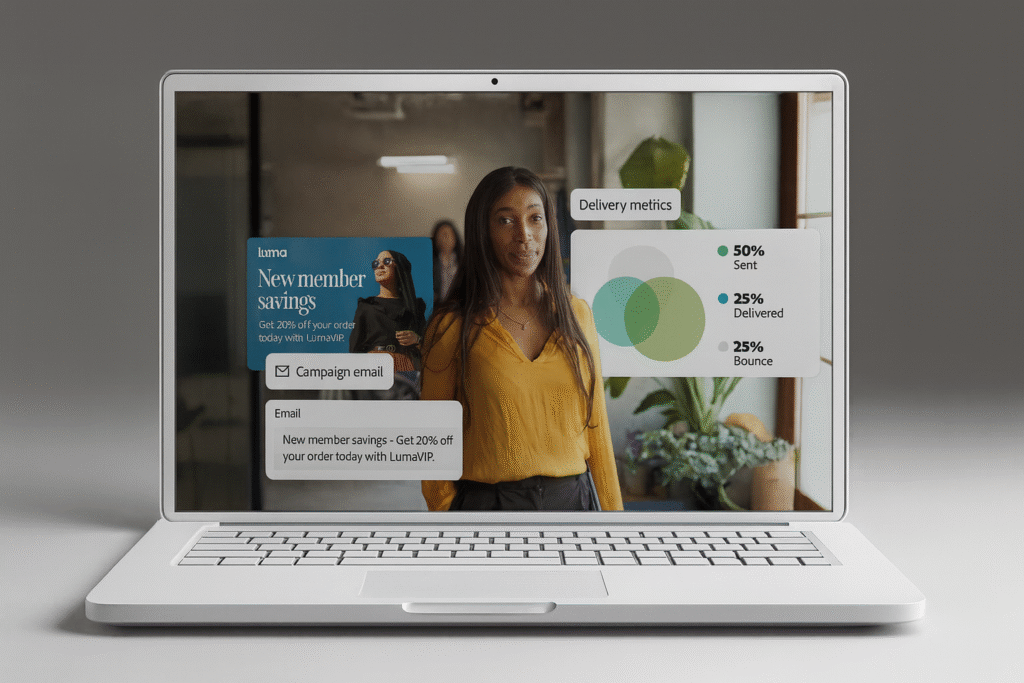 Laptop screen showing a woman standing beside email campaign elements, including promotional email content and delivery metrics for sent, delivered and bounced messages — BrandHubIT email marketing.