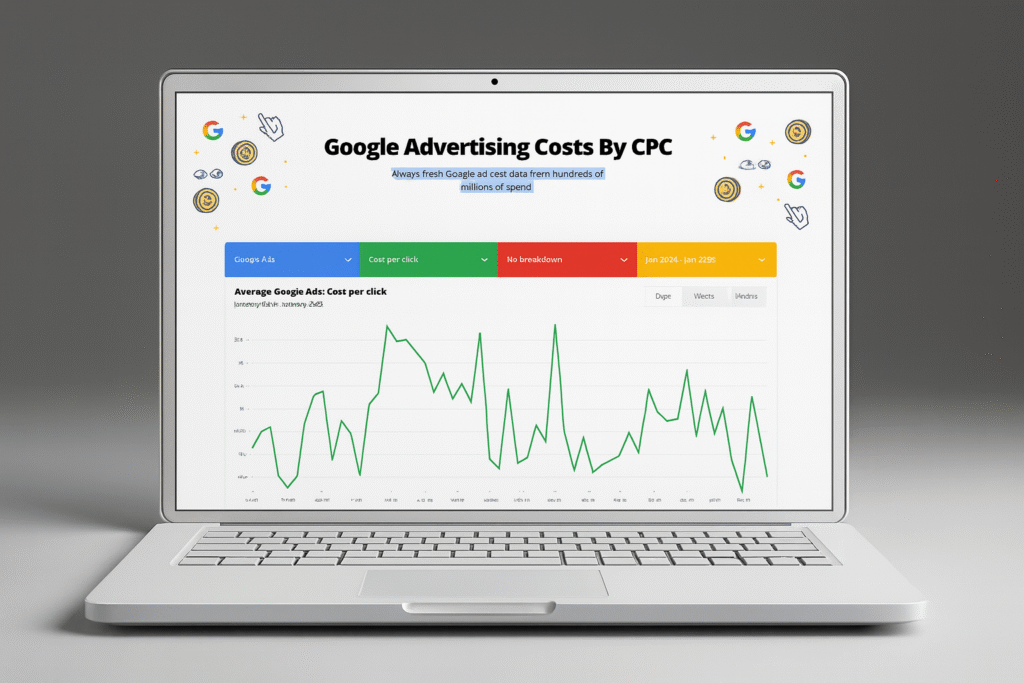 Laptop screen displaying Google Ads cost-per-click analytics chart with CPC filters and colourful interface — BrandHubIT digital advertising insights.
