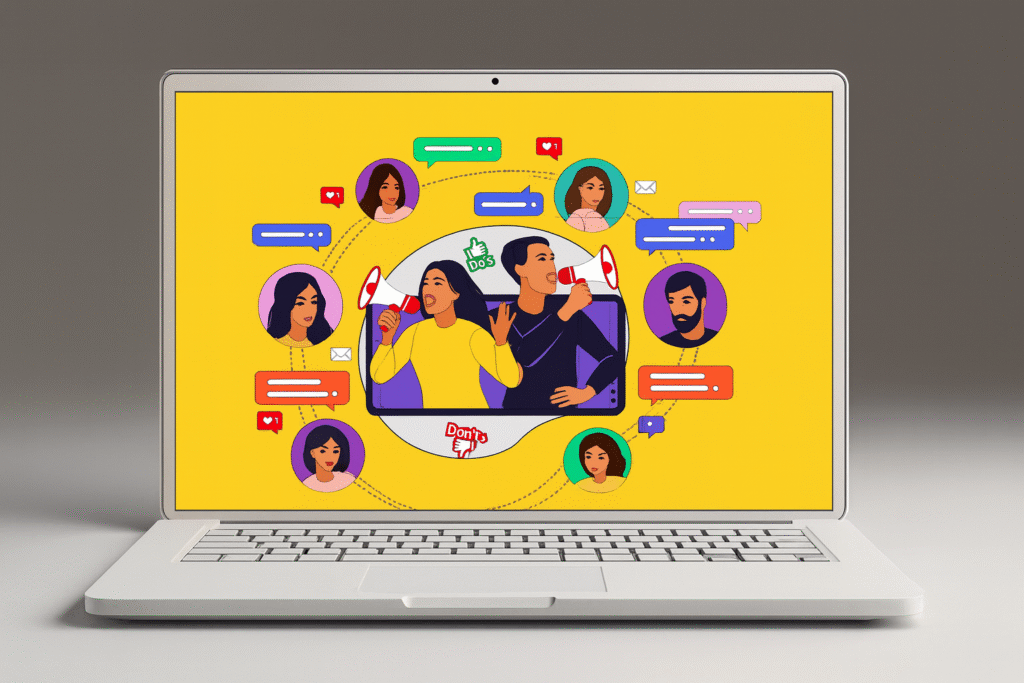 Laptop screen displaying an illustration of influencers using megaphones surrounded by audience avatars, social media comments and engagement icons — BrandHubIT social media marketing.