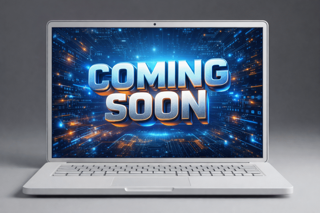 Laptop displaying “Coming Soon” 3D text on a futuristic technology background representing an upcoming digital marketing or IT course.
