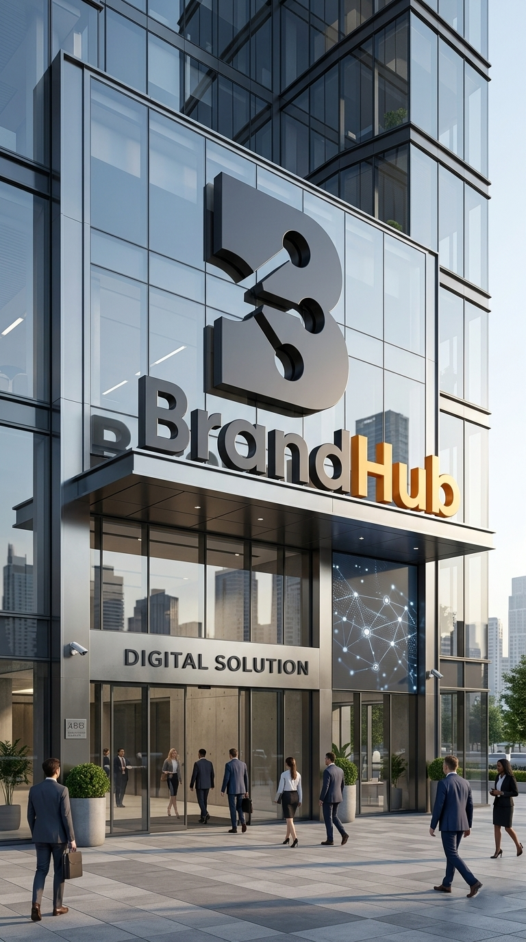 BrandHub Digital Solution corporate office building with large company logo on a modern glass facade and professionals entering the headquarters.