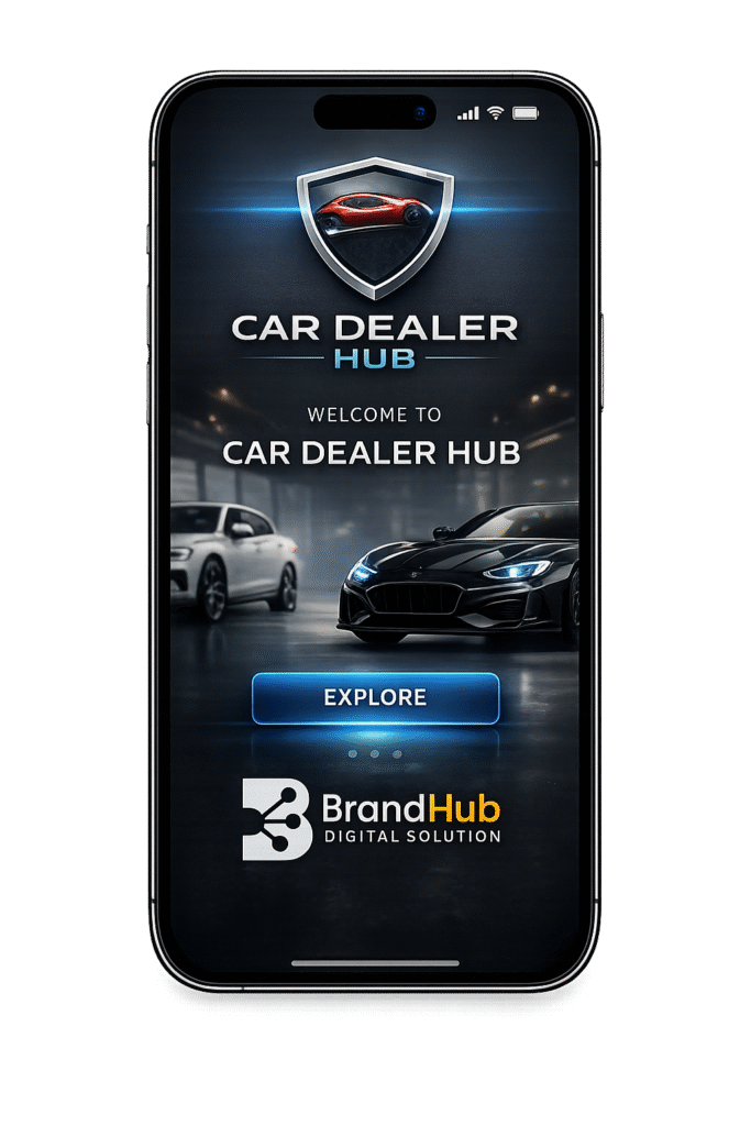 Car Dealer Hub mobile website intro screen on iPhone 17 Pro Max with BrandHub Digital Solution logo